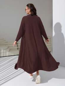 SHEIN EZwear 秋季大码女式纯色落肩长袖罗纹休闲长款夹克 - 棕色 - 查看 7