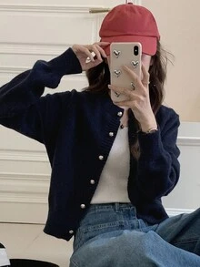 Dazy-Less Cárdigan de punto informal de negocios para mujer, parte superior de manga larga con estilo "Old Money", ropa de otoño - Azul Marino - Ver 2
