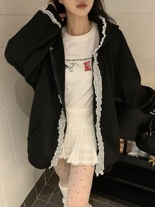 DAZY Women's Lace Patchwork Hooded Loose Fit Long Sleeve Sweatshirt Jacket