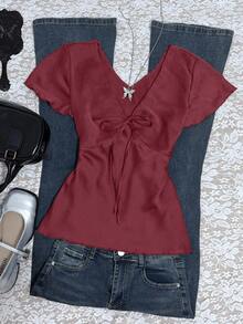 INAWLY 女式纯色前系带V领短袖时尚衬衫