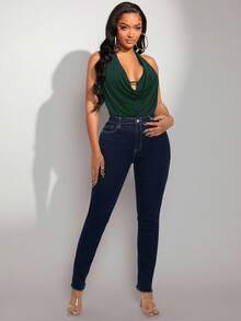 SHEIN PETITE CURVE 女式加大码垂坠前露背吊带紧身衣 - 墨綠色 - 查看 5