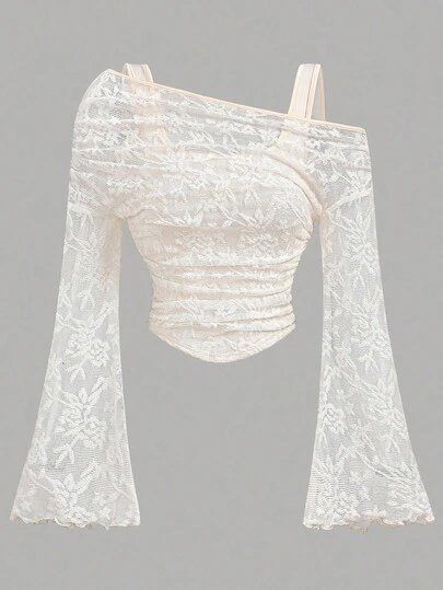 Girlism Tonårsflicka Aprikosfärgad Asymmetrisk Krage Volang Utsvängd Ärm Elegant T-shirt, Höst/Vinter Ihåliga Kostymer Flicka Pirattopp Prinsessa Flickakostym Toppar Höst, Två-i-ett Utsvängd Ärm Långärmad Topp Western Retro Elegant Topp Höst Vinter