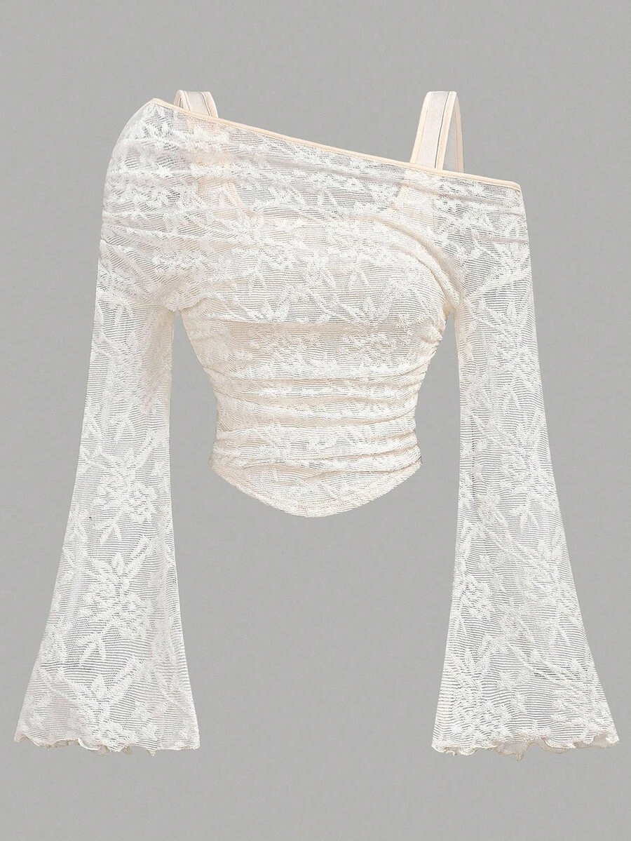 Girlism Teen Girl Apricot Asymmetric Collar Ruffle Flare Sleeve Elegant T-Shirt, Autumn/Winter Hollowed Costumes Girl Pirate Top Princess Girl Costume Tops Fall, Two-In-One Flared Sleeve Long-Sleeved Top Western Retro Elegant Top Fall Winter - Apricot - View 1