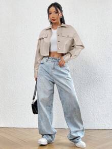 SHEIN EZwear Áo khoác da PU ngắn tay màu trơn đơn giản dành cho nữ vào mùa thu/đông - Màu be - Xem 6