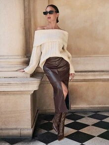 Lavishia Suéter con hombros descubiertos y cuello alto en color albaricoque, estilo retro vintage para otoño/invierno - Albaricoque - Ver 1