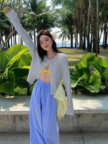 DAZY Áo thun nữ cổ tròn tay dài rộng rãi cài nút phía trước thời trang thu đông - Màu xanh lam - Xem 4