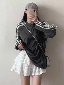 DAZY Women's Spring/Summer Side Striped Bowknot Decor Casual Round Neck Long Sleeve T-Shirt - Dark Grey - View 7