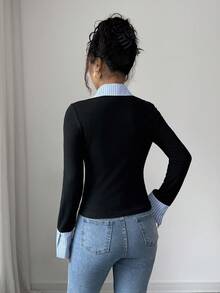 Jeanoix Elegant Patchwork Striped Waist Cinched Long Sleeve Top For Women - Black - View 2