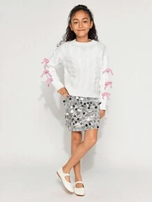 Radiana Tween Girl Knitted Textured Colorblock Bow Crew Neck Casual Pullover Sweater, Comfortable & Cute, Suitable For Everyday Wear - White - View 6