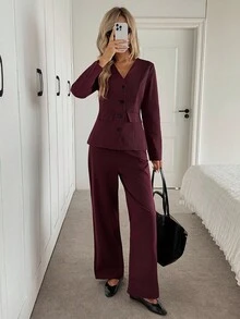 SHEIN LUNE 2 pièces/Set Chemise à manches longues avec boutons col V et pantalon évasé, tenue de bureau décontractée et élégante pour femme - Rouge foncé - Voir 4