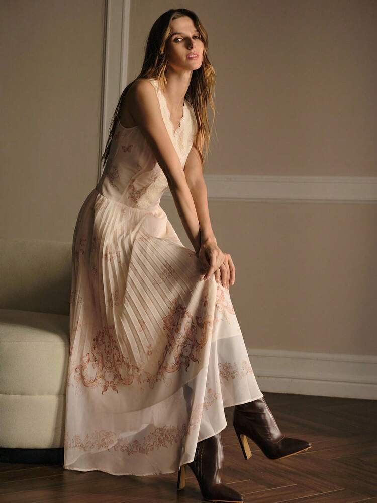 CONTRAST LACE PLEATED DRESS