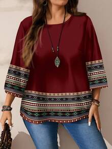EMERY ROSE Plus Size Women Striped Ruffle Loose Allover Print Round Neck 3/4 Sleeve Blouse Fall Clothes Chic Blouses For Women,Spring/Summer/Vacation - Multicolor - View 6