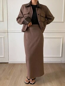 DAZY 女士休闲时尚街头风PU拼接翻盖口袋外套和半身裙两件套，秋季女士家居服套装 - 棕色 - 查看 4
