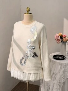 Sweetra 加大码手工亮片针织套头衫，温暖舒适的冬季穿搭 - 杏色 - 查看 5