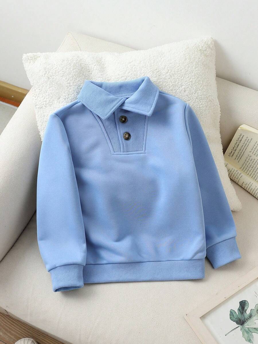 SHEIN Genkimix Kids Sweatshirt Kasual Lengan Panjang Kancing Depan Warna Polos untuk Anak Laki-Laki, Cocok untuk Musim Gugur/Dingin - Baby Blue - View 1