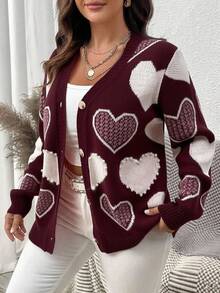Elenzga Plus Size Casual Colorblock Heart Studded Embellished Cardigan, Autumn - Burgundy - View 1
