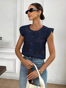 Serisse Women's Solid Color Ruffle Front Button Round Neck Casual Shirt Summer - Navy Blue - View 3