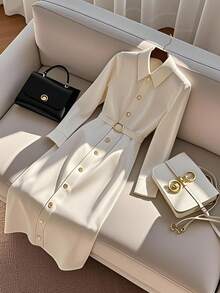 GlowEve Gold Button Front Belted Long Sleeve A-Line Midi Dress