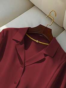 Franclia 女士休闲纯色翻领短袖衬衫，夏季 - 酒紅色 - 查看 3