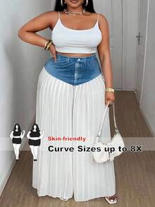 SHEIN CURVE+ 大码女式雪纺褶皱拼接牛仔印花宽松裤 - 藍白色 - 查看 1