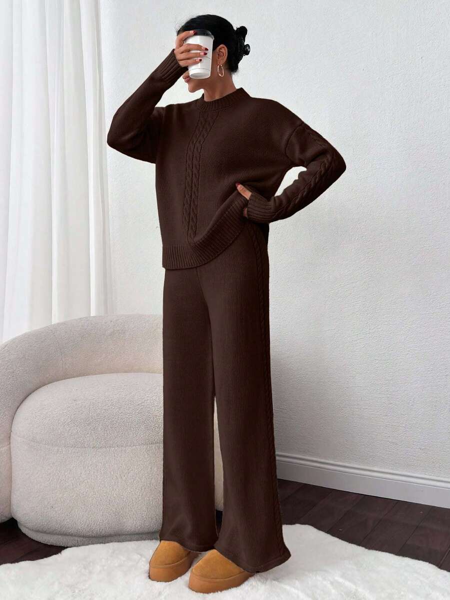 EURMUSE 2pcs Set: Cable Knit Jacquard Long Sleeve Top And Solid Color Pants - Brown - View 1