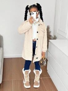 SHEIN 女童保暖内衬翻领口袋纽扣前襟中长外套，秋冬季 - 杏色 - 查看 5