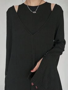 FRIFUL Rochie maxi casual lejeră, neagră, de culoare solidă, cu mâneci goale, cu nasturi, cu crăpături decorative, tiv drept, casual, set din două piese, toamnă - Negru - Vizualizare 6