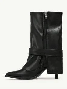 CUCCOO CHICEST 女士秋冬新品水晶扣尖头细高跟鞋优雅奢华通勤时尚前卫哥特式黑色仿皮中筒靴，适合下午茶、约会、时尚派对、职场、优雅装扮、酒吧、夜总会、街头风格、万圣节、圣诞节、感恩节、百搭基本款 - 黑色 - 查看 10
