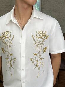 SWAVVY Digital Print Turndown Collar Loose Fit Short Sleeve Shirt For Men - Beige - View 3