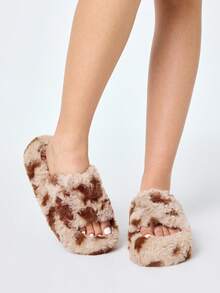 ROMWE Kawaii Pantofole da donna da esterno con pelliccia, con zeppa e tacco, stile gotico, calde e confortevoli, pantofole da casa per signore - Cachi - Visualizzare 3