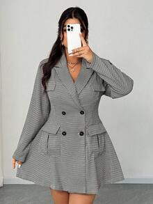 Elenzga 大码女式时尚格子印花翻领双排扣夹克 - 灰色 - 查看 7