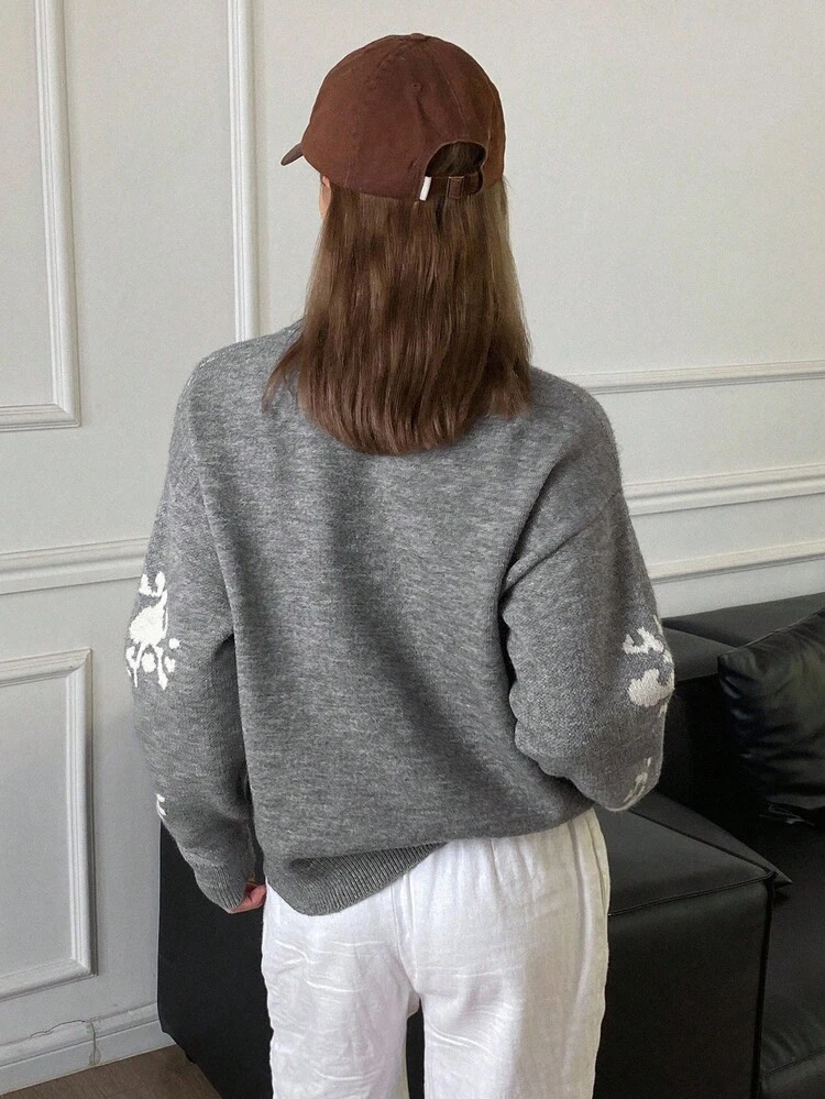 Loose Fit Floral Jacquard Pearl Embellished Round Neck Long Sleeve Casual Sweater For Women, Autumn/Winter