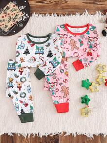 SHEIN 4pcs Young Girl Christmas Pattern Knit T-Shirt & Leggings Pajama Set,Cotton Bamboo Snug Fit Night Fairy Pink Autumn Baby Shower Sleepwear - Multicolor - View 3