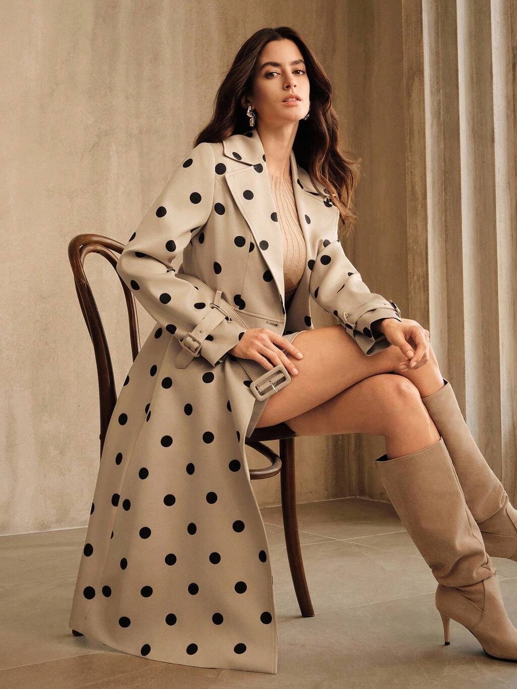 High Quality Fashionable Women's Vintage Minimalist Polka Dot Design Belted Trench Coat, Suitable For Fall, Winter, Going Out, Elegant, Formal, Party, Chic, New Year, Graduation