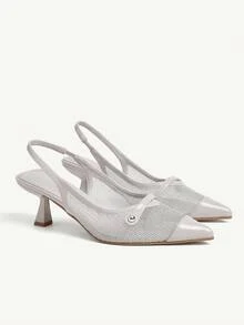 CUCCOO CHICEST Giày cao gót mũi nhọn thanh lịch dành cho nữ có dây khóa kim loại, lưới khoét chữ V, gót nhọn, giày lười đi làm, hẹn hò, mặc thường ngày, chất liệu da bóng và lưới màu xám - trắng - Xem 8