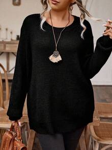 EMERY ROSE Plus Size Women Solid Color Round Neck Drop Shoulder Long Sleeve Casual Loose Pullover Sweater, Autumn - Black - View 4