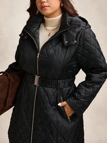 Zelara 秋冬大码连帽大衣，金属腰带绗缝棉服 - 黑色 - 查看 3