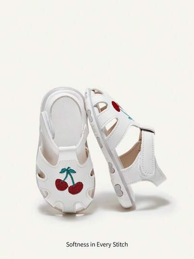 Girls Sweet Cute Cherry Embroidered Flat Sandals Suitable For Summer Wear Idyllic Basic Fun Cute Baby Sandals Vacation