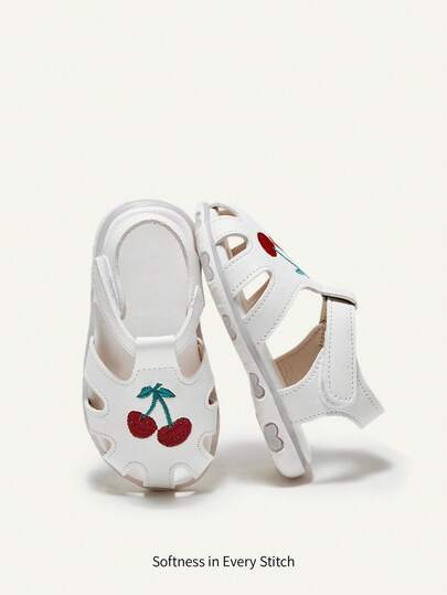 Cozy Pixies Girls Sweet Cute Cherry Embroidered Flat Sandals Suitable For Summer Wear Idyllic Basic Fun Cute Baby Sandals Vacation