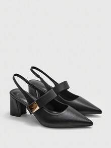 CUCCOO BIZCHIC Square Buckle Fashionable Comfortable Commuter Pointed Toe Chunky High Heel Sandals - Black - View 6