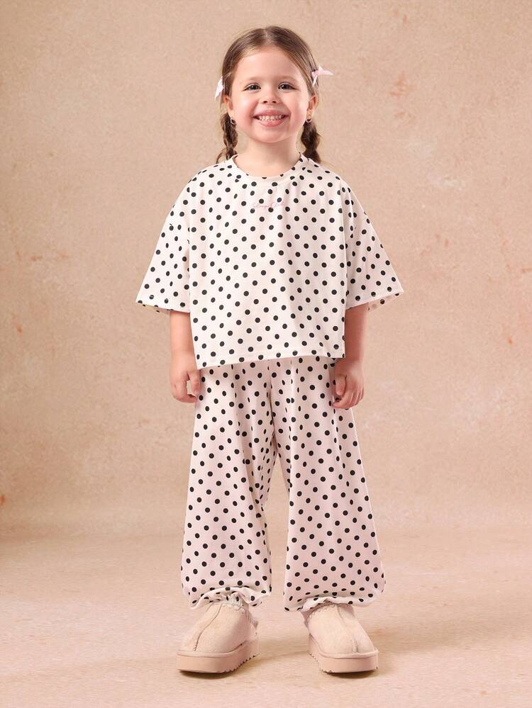 Polka Dot Loose Fit Pajama Set With Wide Leg Pants