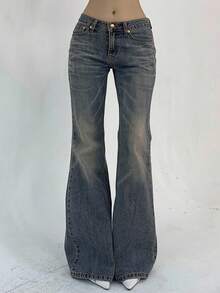 DAZY 女士前扣口袋简约休闲喇叭裤低腰牛仔裤