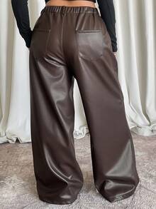 Dazy Plus Plus Size Women Loose Straight PU Leather Biker Pants, Street Style, Versatile For Autumn/Winter - Brown - View 2