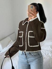SHEIN EZwear 女士休闲巧克力棕色撞色短款外套，秋冬季 - 巧克力棕 - 查看 3
