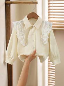 Elladie kids Girls Elegant Minimalist Fashion Elegant Lapel Dropped Shoulder Long Sleeve Loose Beige Embroidered Ruffle Design Versatile Blouse, Suitable For Autumn Fall Winter