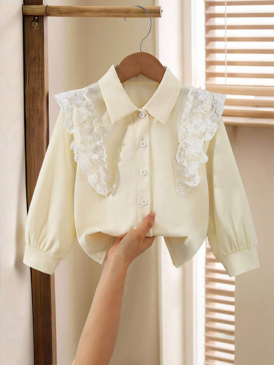 Elladie kids Girls Elegant Minimalist Fashion Elegant Lapel Dropped Shoulder Long Sleeve Loose Beige Embroidered Ruffle Design Versatile Blouse, Suitable For Autumn Fall Winter