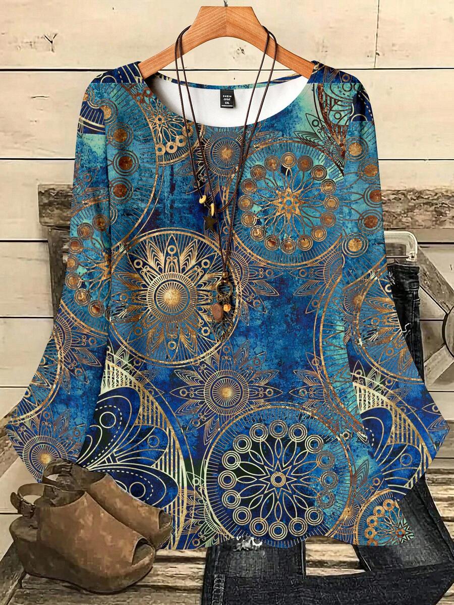 EMERY ROSE Women's Plus Size Casual Retro Paisley Blossom Pattern Loose Fit Round Neck 3/4 Length Sleeve Blouse Shirt, Suitable For Spring & Summer Fall Clothes Chic Blouses For Women,Flower/Vacation - Gold - View 1