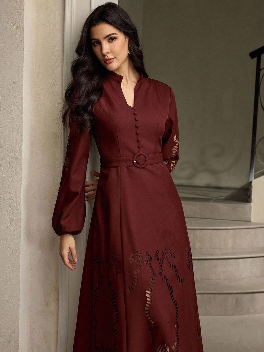 ZEYLAH Women's Solid Color V-Neck Button Design Lantern Sleeve Hollow Out Elegant Maxi Dress - Brown - View 1