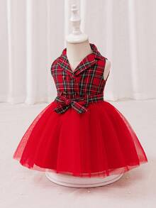 Glamorique Kids Vestido elegante de niña bebé a cuadros rojos con contraste de malla, adecuado para uso diario, fiestas y reuniones, que muestra la inocencia y la ternura de la niña pequeña - Rojo - Ver 4