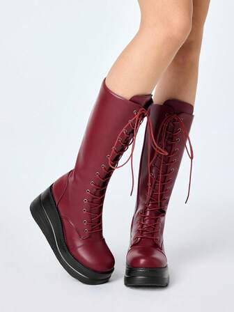 Y2K Lace-Up Punk Gothic Platform Mid-Calf Boots, Side Zipper Chunky Heel Knight Boots, Casual Goth Dark Academia Ankle Boots For Women